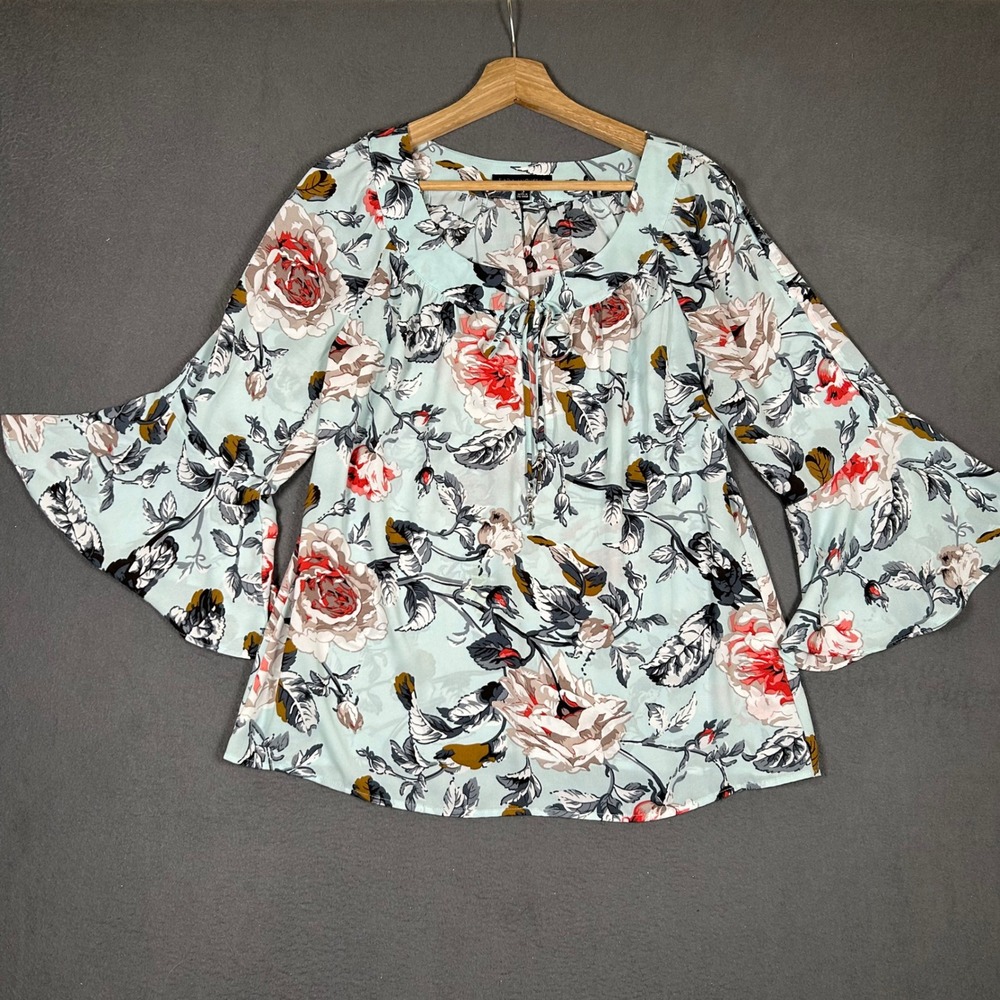 Sara Michelle Blouse Womens M Blue Floral Bell Sleeve Tie Neck Top Boho Chic